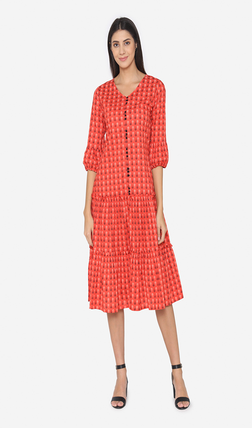 Orange Cotton Printed Dress