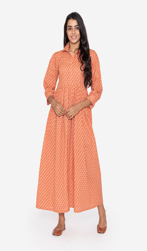 Cotton Gold Printed Flair Dress
