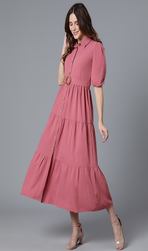 Bubble Crepe tiered Dress with collar