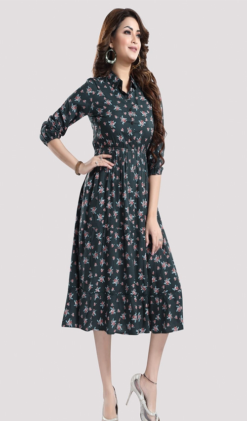 Deep Green Floral Flare Dress