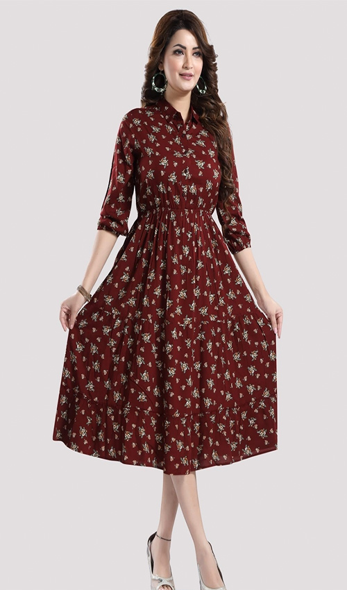 Maroon Floral Flare Dress