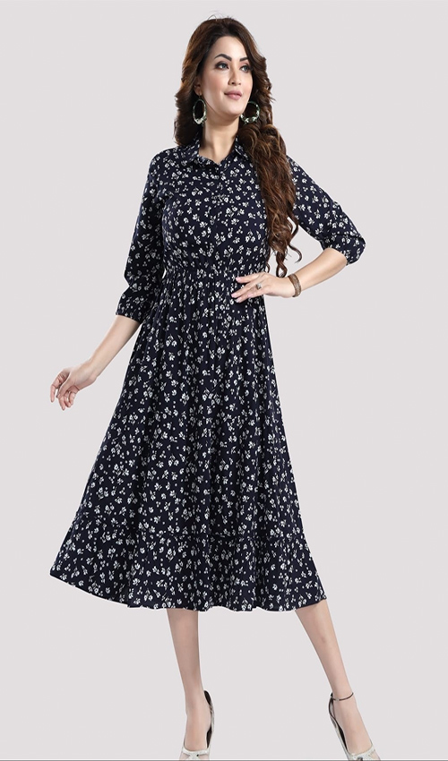Navy Floral Flare Dress