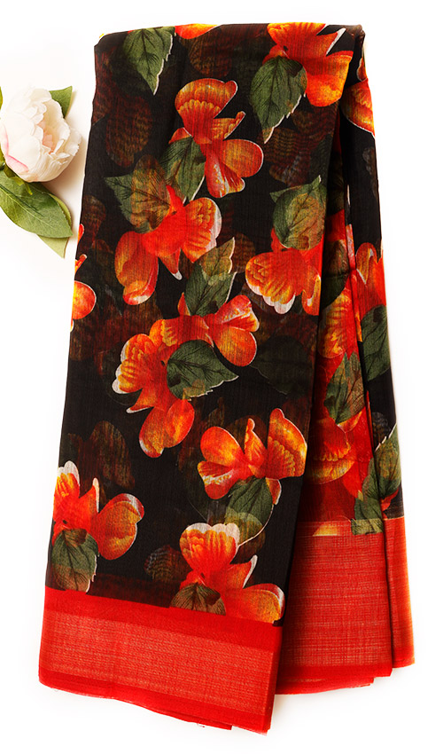 Black floral Cotton Saree