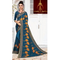 Sea Blue Printed Saree