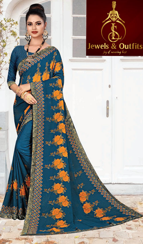 Sea Blue Printed Saree