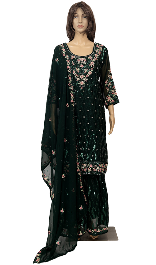 Green Sequence Work Sharara Suit