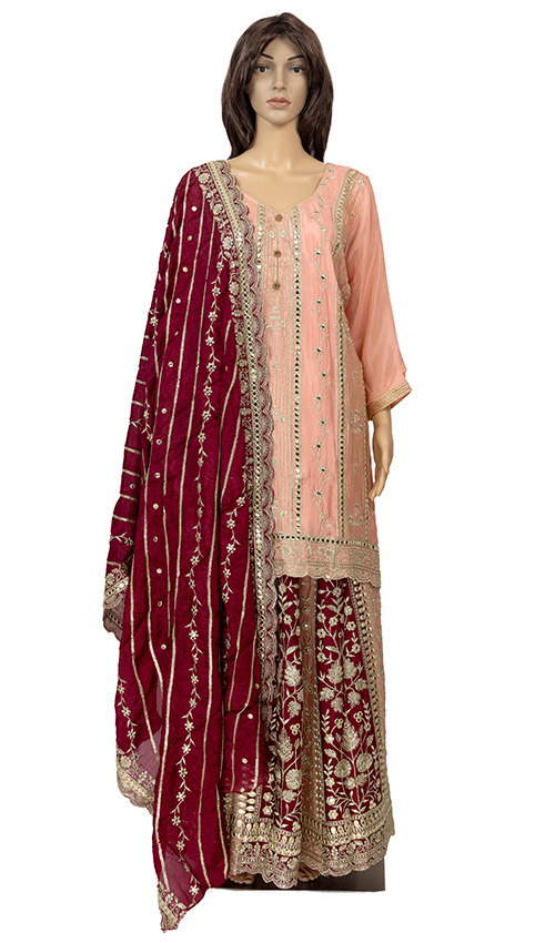 Peach and Maroon Embraided lehenga set