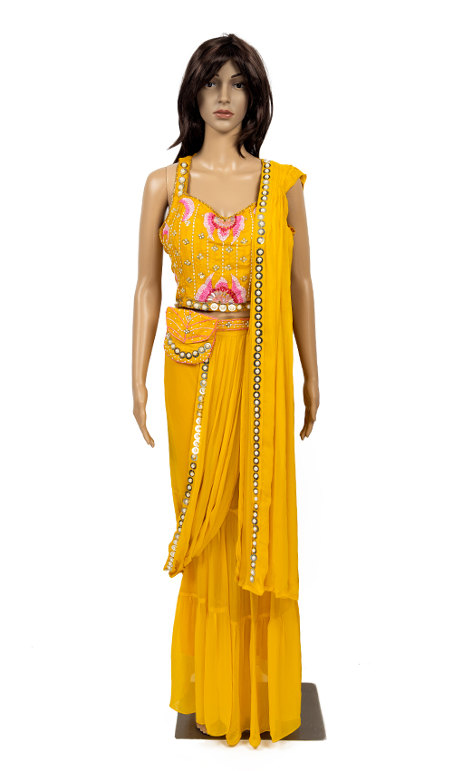 Yellow Indo- west Dress with Drape 